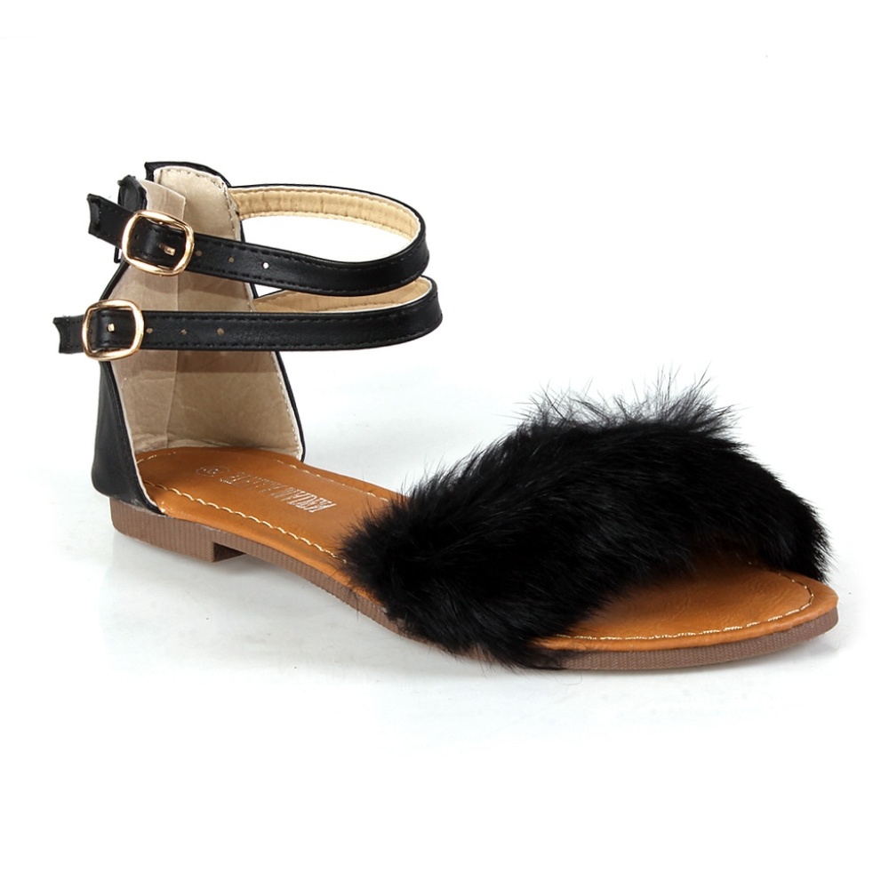 B8060 Fur Trim Ankle Strap Women's Flat Sandals